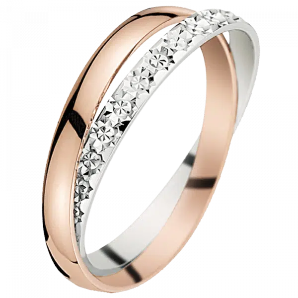 Alliance or rose et blanc deux anneaux entrelacés ciselée 18 carats