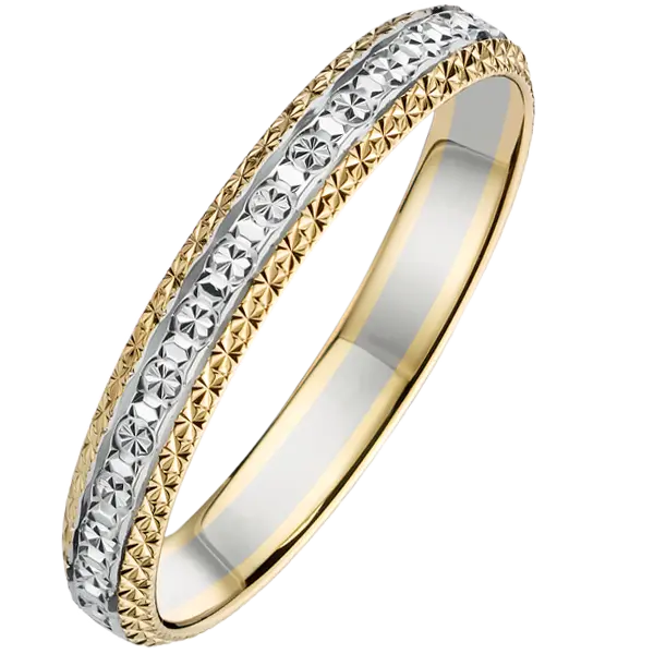 bague bombée or blanc et jaune 18 carats ciselée effet diamanté