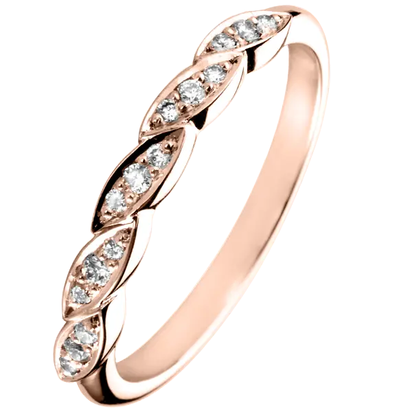 bague de mariage or rose cuivré fine, motifs losanges avec 3 diamants à l'intérieur