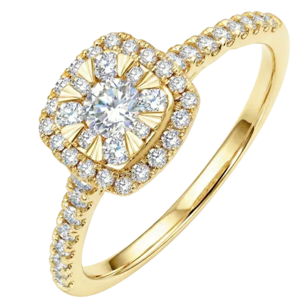 Bague de fiançailles diamants or jaune solitaire accompagné carré