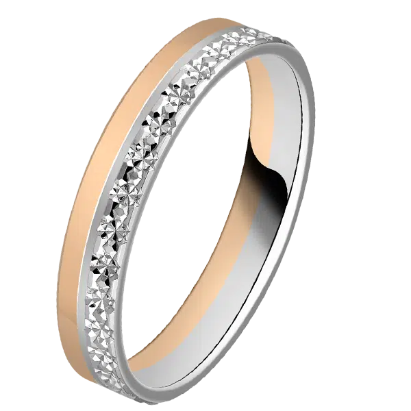 alliance 18 carats or rose et blanc ciselée