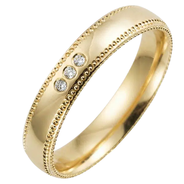 Bague mariage or jaune perlée et diamants