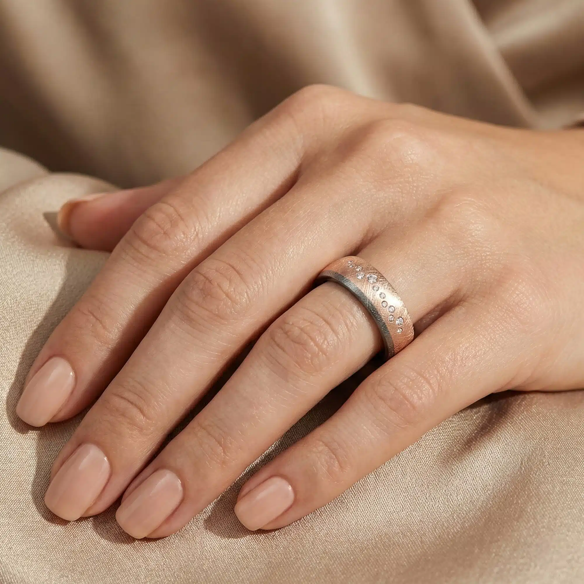 Alliance tantale et or rose champagne diamants