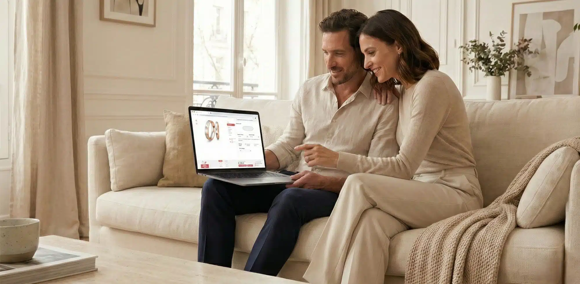 Couple installé confortablement sur un canapé utilisant le configurateur d'alliances 3D sur un ordinateur portable