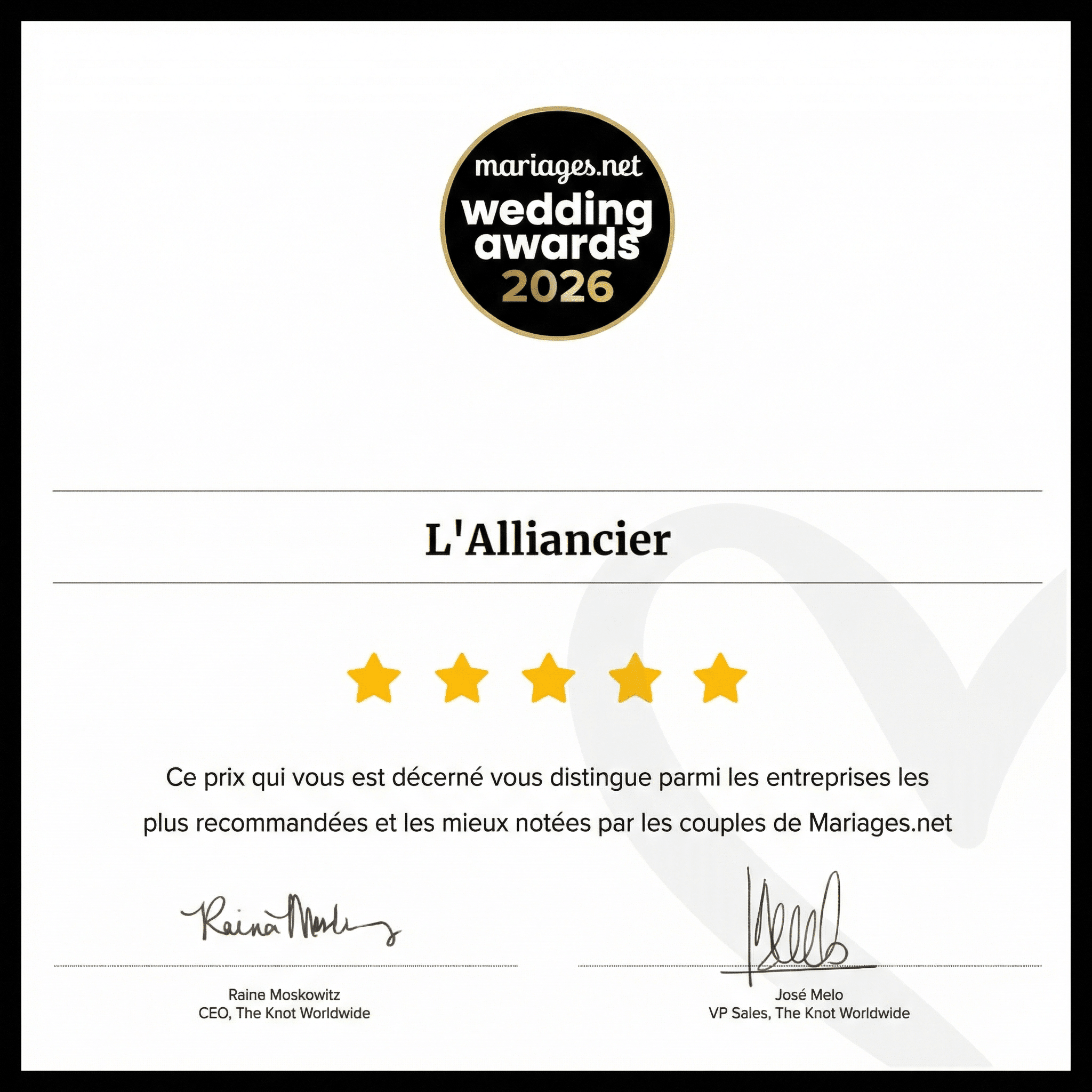 Trophée Wedding Awards 2026 exposé à l'Alliancier