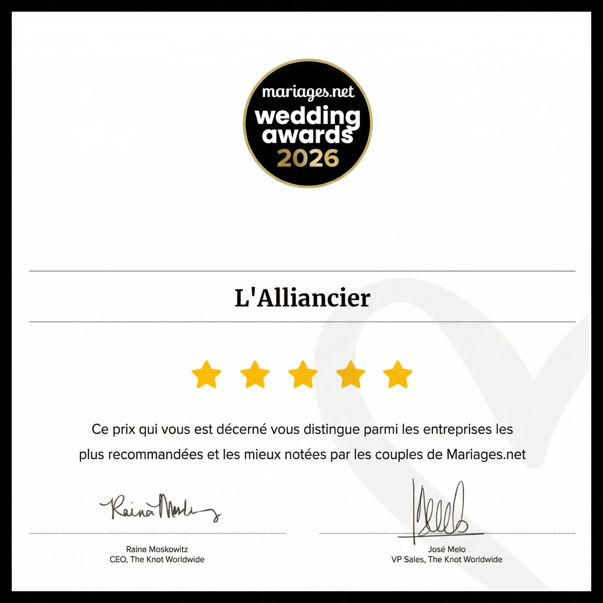 Trophée Wedding Awards 2026 exposé à l'Alliancier