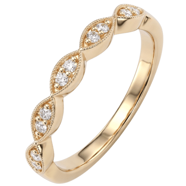 Alliance demi-tour vintage en or jaune 18 carats sertie de diamants avec contour perlé milgrain.