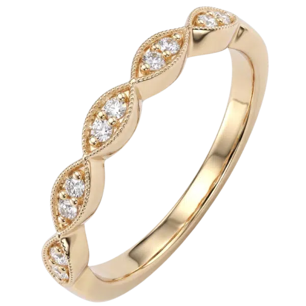 Alliance demi-tour vintage en or jaune 18 carats sertie de diamants avec contour perlé milgrain.